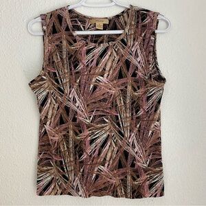 Vintage Y2K pink white brown tropical printed pleated tank top size S
